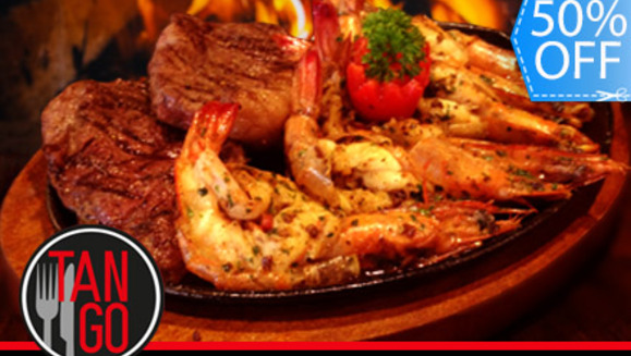 [Imagen:¡Paga Q159  en lugar de Q318 por un Exquisito Plato Mar y Tierra que incluye: Filete de Puyazo y Camarones Jumbo + Guarnición Grande para Compartir a elección + 2 Copas de Vino o Cerveza Nacional en Tango Steak House!]