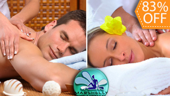 [Imagen:¡Paga $20 en lugar de $120 por 2 Masajes Relajantes + 2 Masajes de Piedras Calientes con Aromaterapia en Marshelly Centro de Estética y Spa!]