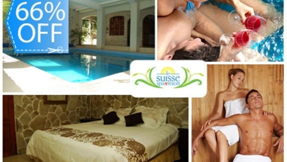 [Imagen:¡Paga Q599 en lugar de Q1,765 por Estadía para 2 Personas en Habitación con Chimenea + Botella de Vino + Día de Spa + Uso Ilimitado de Jacuzzi, Sauna, Piscina e Hidroterapia en Le Suisse Spa!]