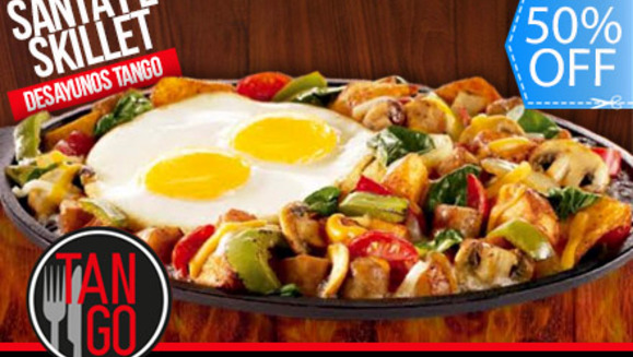 [Imagen:¡Inicia tu día con alegría! ¡Paga Q65 en lugar de Q130 por 2 Exquisitos Desayunos Santa Fe Skillet + Café Americano en Tango Steak House!]