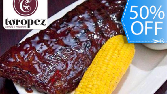 [Imagen:¡Paga Q159 en lugar de Q321 por 2 Platos de Costilla en BBQ + 4 Acompañamientos (Elote y Papas Fritas) + 2 Copas de Vino Blanco en Toropez Steak House!]