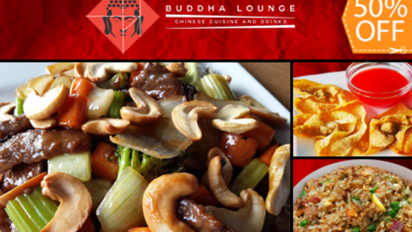 [Imagen:¡Paga $11 en lugar de $22 por 1 Plato de Res con Semilla de Marañón o Pollo Agridulce + Orden de Arroz Cantonés + Orden de Wantan + 2 Bebidas en Buddha Lounge!]