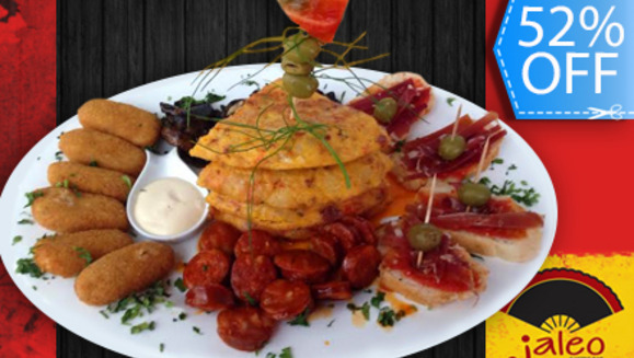 [Imagen:¡Paga Q135 en lugar de Q280 por Exquisita Tabla Española para Compartir que incluye: Tortilla de Patata + Montaditos de Jamón Serrano + Champiñones al Ajillo + Chorizo al Vino + Croquetas de Pollo + Bebidas a Elección en Jaleo Restaurante!]