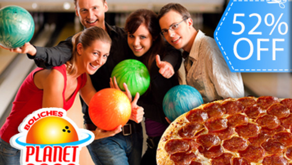 [Imagen:¡Paga Q99 en vez de Q205 por 1 Hora de Boliche hasta para 5 personas + Pizza Mediana de 12" a Elección en Planet Bowl!]