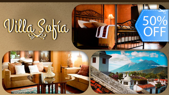 [Imagen:¡Paga Q399 en vez de Q800 por Estadía de 1 Noche para 2 Personas en Jr. Suite + 2 Desayunos + Uso de Jacuzzi Colonial en Hotel Boutique Villa Sofía en La Antigua!]