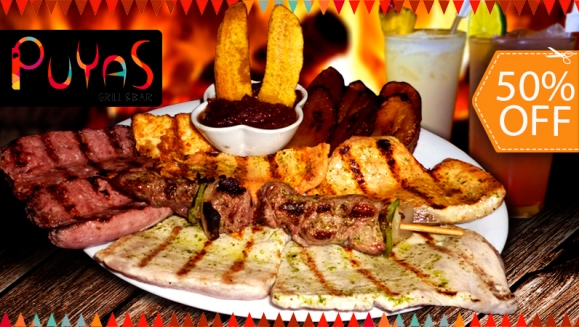 [Imagen:¡Paga $12 en vez de $24 por Riquísima Parrillada Especial para 2 con Lomo de Res, Filete de Pollo, Chorizo y más + 2 Bebidas en Restaurante Puyas Grill and Bar!]