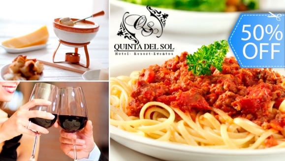 [Imagen:¡Paga Q144 en vez de Q288 por 2 Platos de Pastas Premium o Fondue a Elección + Botella de Vino + Postre en Restaurante Quinta del Sol!]