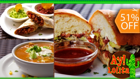 [Imagen:¡Paga $11.50 en Lugar de $23.63 por 2 Tortas o 2 Burritos a Elección + 2 Medias Sopas de Tortilla + 2 Bebidas en Ay! Lolita Plaza Volcán!]