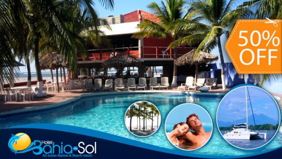 [Imagen:¡Paga $59 en vez de $118 por Paquete de Playa a Elección para 2 Adultos y 1 Niño, entre: Estadía de 1 Noche con Desayuno Buffet (A) o Uso de Día, Paseo en Catamarán, Almuerzo y Refill de Bebidas (B) en Hotel Bahía del Sol!]