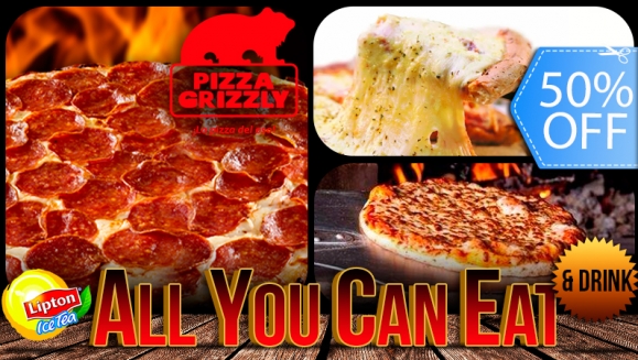 [Imagen:¡REGRESA La Deliciosa Comilona! ¡Paga Q39 en vez de Q78 por Exquisito Buffet ALL YOU CAN EAT de Pizza + ALL YOU CAN DRINK de Té Frío + Porción de Grizzly Breads a Elección en Pizza Grizzly!]