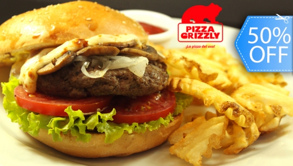 [Imagen:¡Paga Q70 en vez de Q140 por 2 Deliciosos Combos que Incluyen: 2 Hamburguesas Premium  a Elección + 2 Porciones de Papas Fritas + 2 Tés Fríos con Refill en Pizza Grizzly!]