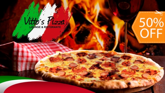 [Imagen:¡Paga $11 y Consume $21.98 en Banquete para 2 Personas que Incluye: 1 Pizza Grande con Ingredientes a Elección + 1 Orden de Pan con Ajo + 2 Sodas en Vitto´s Pizza! ¡Solo 303 Cupones Disponibles!]