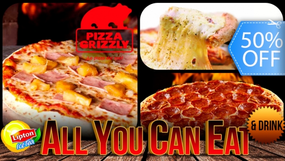 [Imagen:¡Paga Q39 en lugar de Q78 por Exquisito Buffet ALL YOU CAN EAT de Pizza + ALL YOU CAN DRINK de Té Frío + Porción de Grizzly Breads a Elección en Pizza Grizzly!]