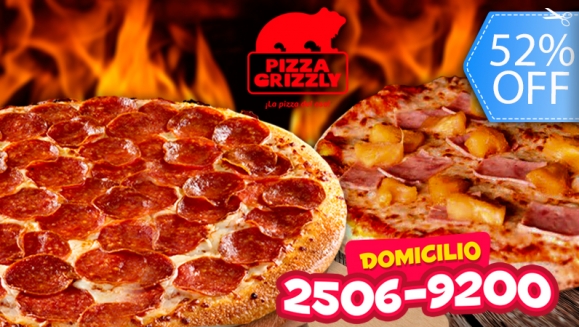 [Imagen:¡Doblemente DeliciOSO! ¡Paga Q99 en lugar de Q206 por 2 Pizzas Grandes de 14” a Elección a Domicilio o  Para Llevar en Pizza Grizzly!]