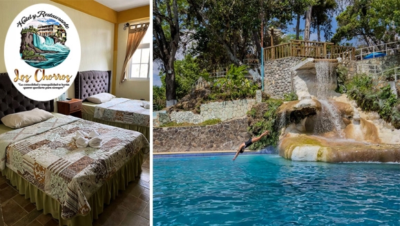 [Imagen:¡Paga Q299 en Lugar de Q600 por Estadía para 2 Personas Por 3 Días y 2 Noches en Hotel Los Chorros con Balneario, Cascada Artificial, Piscinas y Áreas Recreativas!]