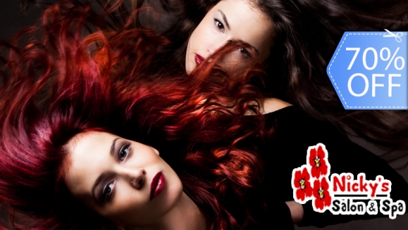 [Imagen:¡Paga Q149 en vez de Q500 por Tinte Completo o Mechas Alfaparf + Corte Personalizado + Lavado Spa + Tratamiento Sellador de Puntas + Planchado + Acabado Final + Depilación con Cera de Bigote en Nicky's Salon!]