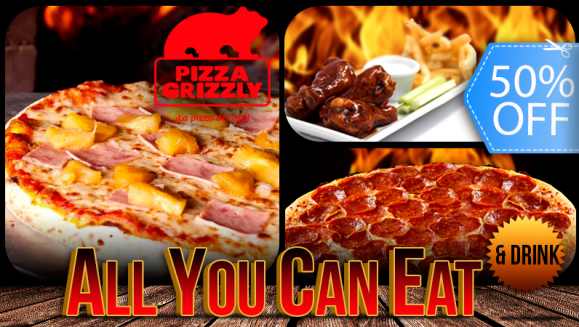 [Imagen:¡Paga Q65 en lugar de Q129 por Exquisito Buffet ALL YOU CAN EAT de Pizza + ALL YOU CAN DRINK de Gaseosa, Té o Naranjada + Orden de Buffalo Wings en Pizza Grizzly!]