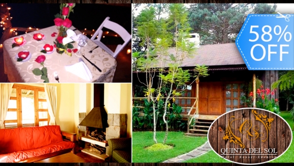[Imagen:¡Inolvidable Estadía Romántica! ¡Paga Q395 en vez de Q935 por Estadía para 2 Personas en Cabaña Jr. Equipada con Sala, Chimenea, Balcón y Más + 2 Desayunos + Decoración  Romántica  Especial e Impuestos Incluidos en Hotel Quinta del Sol!]