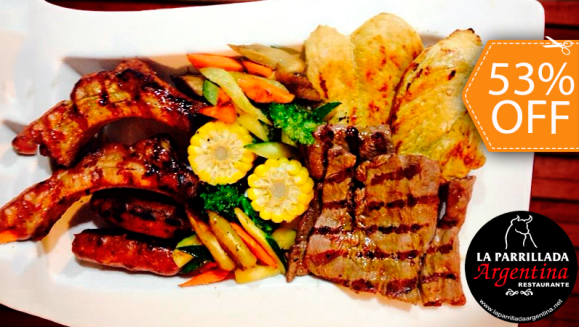 [Imagen:¡Paga $12 en lugar de $25.49 por Parillada Gaucha para 2 que Incluye: 6 Onzas de Lomito de Aguja + 6 Onzas de Pollo + 6 Onzas de Costilla de Cerdo + 2 Chorizos Argentinos + 2 Ensaladas + 2 Bebidas a Elección y Más en La Parrillada Argentina!]