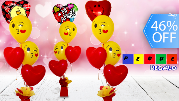 [Imagen:¡Paga Q160 en vez de Q299 por Arreglo de Globos de San Valentín con 1 Globo Metálico de 18” y Diseño a Elección + 2 Globos Emoji de Látex de 12” + 2 Globos con Forma de Corazón de 12” con Tratamiento de Larga Duración + Base Decorada de Peque Regalo!]