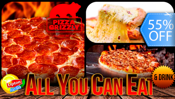 [Imagen:¡REGRESA La Deliciosa Comilona! ¡Paga Q39.99 en lugar de Q88 por Exquisito Buffet ALL YOU CAN EAT de Pizza + ALL YOU CAN DRINK de Té Frío ó Gaseosa + Bola de Helado en Todos los Restaurantes Temáticos de Pizza Grizzly!]