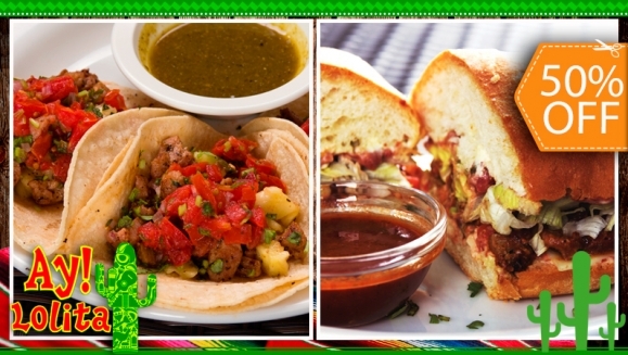 [Imagen:¡Paga $10 en lugar de $20 por 2 Tortas o 2 Órdenes de Tacos de Especialidad a Elección + 2 Mini Sopas de Tortilla + 4 Bebidas  en Ay! Lolita, Plaza Volcán!]