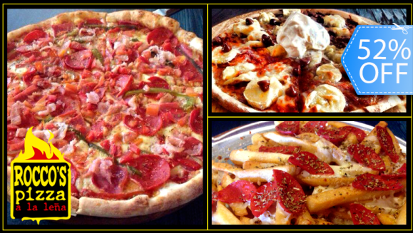[Imagen:¡Paga Q129 en vez de Q268 por Entrada Pizza Fries (Papas Fritas, Pepperoni, Orégano y Mozzarella) + Pizza Gigante Gourmet + Pichel de Bebida + Postre de Pizza Dulce a la Moda (Nutella, Banano, Chispas de Chocolate y Bola de Helado) en Rocco's Pizza!]