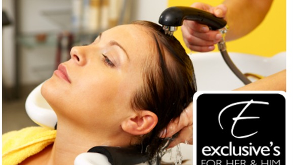 [Imagen:$25 por un lavado + un tratamiento de keratina + un planchado en Exclusive's Salon! (67% de descuento)]