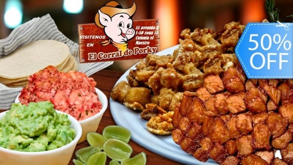 [Imagen:¡Paga Q85 en vez de Q170 por ½ Libra de Carnitas + ½ de Chicharrón + Guacamole, Rábano, Tortillas, Limón y Picante + 3 Cervezas de Barril o Bebidas en Lata en El Corral de Porky!]