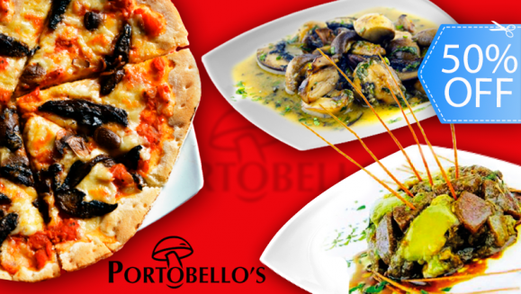 [Imagen:¡Paga Q189 en lugar de Q380 por Exquisito Combo para 2 con Pizza o Pizzacio (Pizza y Carpacio) Artesanal Grande a Elección + 1 Entrada a Elección + 2 Copas de Vino o Bebida a Elección + Postre para Compartir en Portobello´s Restaurante!]
