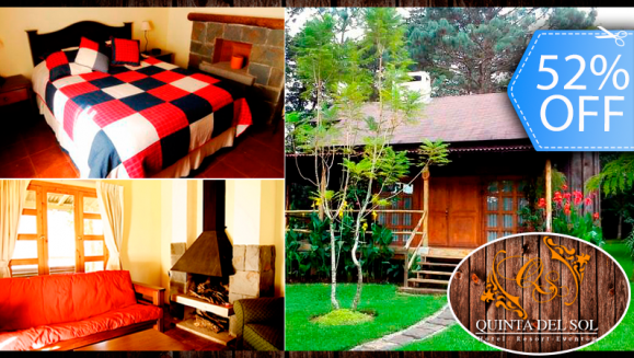 [Imagen:¡Paga Q499 en vez de Q1, 042 por Estadía para 2 personas en Cabaña Jr Equipada con Chimenea, Sala, Balcón y Más + 2 Desayunos + Impuestos Incluidos en Hotel Quinta del Sol!]