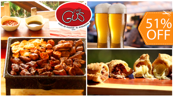 [Imagen:¡Paga $23 en lugar de $46.50 por Delicioso Banquete Argentino para 2 que Incluye: Picada de Carne + Orden de Empanadas a Elección + 2 Bebidas a Elección en Che Gus, Casa de Picadas en el El Boquerón!]
