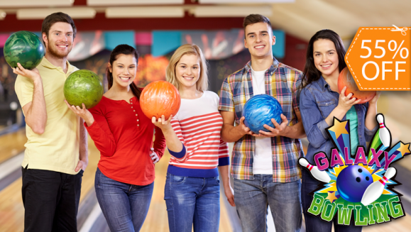 [Imagen:¡Paga $10 en lugar de $22 por 1 Hora de Boliche para 5 personas + Alquiler de 5 Pares de Zapatos en Galaxy Bowling!]