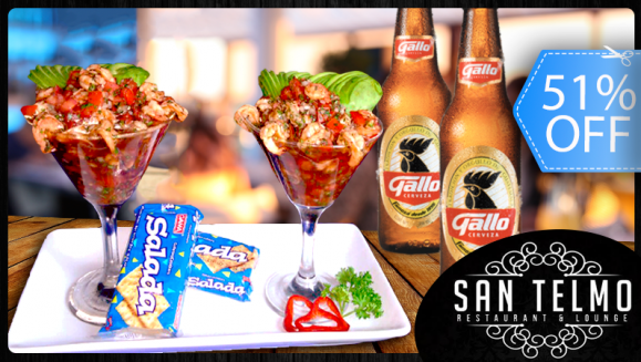 [Imagen:¡Paga Q99 en lugar de Q200 por 2 Ceviches Medianos de Camarón + 2 Cervezas Gallo o 2 Gaseosas en Restaurante San Telmo!]