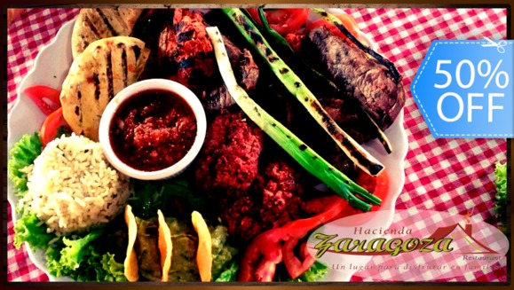 [Imagen:¡Paga Q147 en vez de Q295 por Parrillada Chapina para 2 que Incluye: 8 Onzas de Lomito o Puyaso + 8 Onzas de Adobado + 2 Tortillas con Queso + 2 Longanizas o Chorizos + 2 Guarniciones + Cebollines + Chirmol + 2 Bebidas Naturales en Hacienda Zaragoza!]