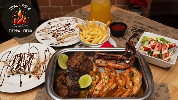 [Imagen:¡Nueva Parrillada de Carnes y Mariscos! ¡Paga Q299 en Lugar de Q521 por “Maristierra" Familiar Hasta Para Compartir con: 1 Lb de Lomito o Puyazo + 1/2 Lb de Camarones + 1/2 Lb de Pulpo + 2 Guarniciones + Pichel de Bebida + 2 Postres!]