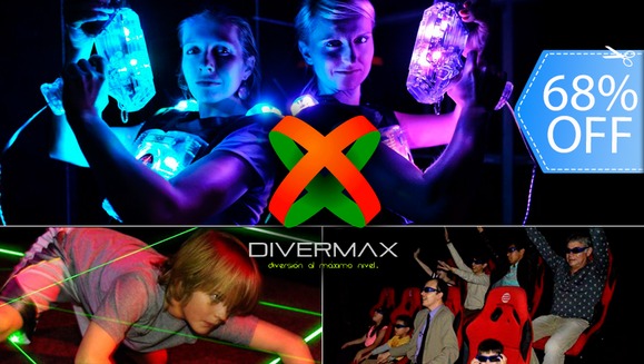 [Imagen:¡Paga Q80 en lugar de Q250 por 1 Día de Diversión para 2 Personas con 2 Brazaletes para Uso Ilimitado en las Atracciones Láser Tag, Láser Maze y Cinema 7D en Divermax!]