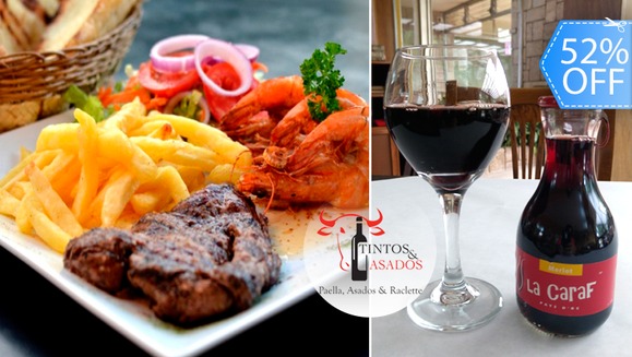 [Imagen:¡Paga Q199 en lugar de Q415 por 2 Exquisitos Platos Mar y Tierra con ½ Libra de Puyazo y 6 Onzas de Camarones (Cada Uno) + Ensalada y Papas Fritas + 1 Garrafita de Vino “La Caraf” en Tintos y Asados!]