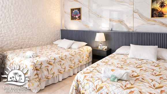 [Imagen:¡Paga Q599 en Lugar de Q1,000 por Estadía Para 2 Personas en Río Dulce: Habitación Sencilla con Cama Matrimonial y A/C + Ducha y Baño Privado + 2 Desayunos + Piscinas + Ingreso a Museo!]