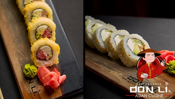 [Imagen:¡Deleite Asiático en Don Li! ¡Paga $20 en Lugar de $35.45 Por Menú para 2 con: 2 Sushi Rolls a Elección entre California, Crunchy, Boneless, Crunchy Crab, Honolulu o Char Siu Roll + Orden de Wantán de Pollo + Postre + Pichel de Té Helado!]