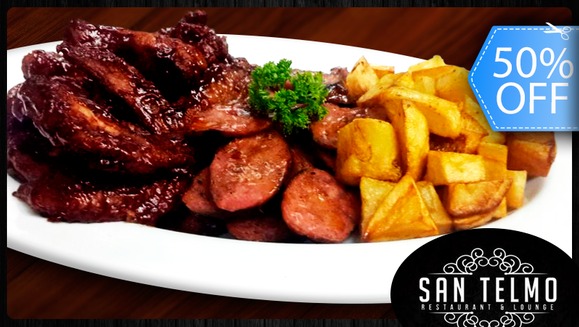 [Imagen:¡Paga Q115 en vez de Q230 por Sampler Futbolero para 3 que Incluye: 1 Libra de Alitas en Salsa Barbacoa o Búfalo + 8 Onzas de Chorizo Argentino + 1 Porción Grande de Papas Fritas + 3 Cervezas (Gallo o Cabro) o Bebida Natural en Restaurante San Telmo!]