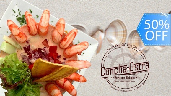 [Imagen:¡Paga Q149 en lugar de Q300 por 2 Cócteles de Camarón en Salsa Rosada + 1 Entrada de Conchas + 2 Consomés + 2 Bebidas Naturales en Concha &amp; Ostra!]