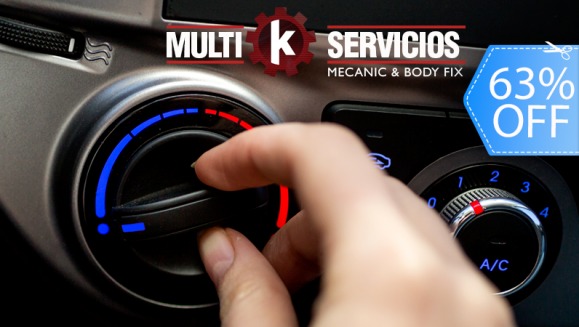 [Imagen:¡Paga Q89 en lugar de Q240 por Carga de Aire Acondicionado + Revisión del Sistema de A/C + Limpieza de Filtro + Calibración de Chorritos + Revisión de Fugas, Fajas, Luces, Pastillas, Tren Delantero y Amortiguadores en Multiservicios K!]