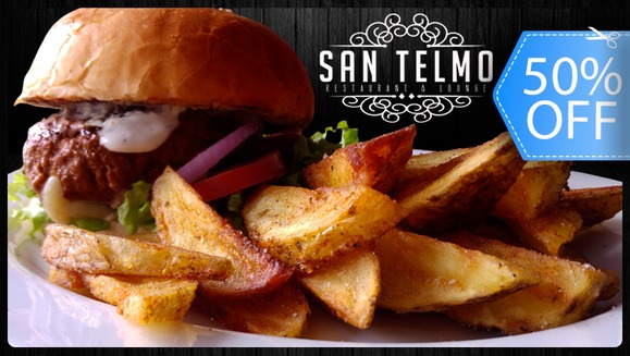 [Imagen:¡Paga Q65 en lugar de Q130 por Combo de Súper Hamburguesa Artesanal Gigante (6 Oz de Exquisita Carne Premium Rellena de Tocino y Mozzarella en Pan Artesanal Recién Horneado), Patatas y Bebida en Restaurante San Telmo!]