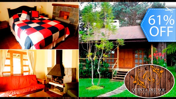 [Imagen:¡Paga Q398 en vez de Q1,026 por Estadía para 2 personas en Cabaña Jr. Equipada con Sala, Chimenea, Balcón y Más + 2 Desayunos a Elección en Hotel Quinta del Sol!]