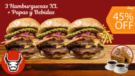 [Image: 3 Hamburguesas XL + 3 Papas + 3 Sodas + 2 Porciones de Budín + 2 Cafés Americanosm]