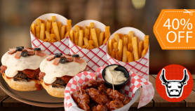 [Image: Punta Toro: 2 Pizza Burger con Papas + 10 Alitas con Papas + 3 Bebidasm]