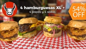 [Image: Punta Toro: 4 Hamburguesas XL+ 4 Papas + 4 Sodasm]