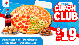 [Image: Banquete Familiar en Domino's: Pizza Dominator de 16 Porciones con 4 Ingredientes + 8 Domiknots + Cinnabites + Bebidam]