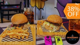 [Image: 2 Hamburguesas de Carne "Mario" + 2 Papas + 2 Sodas + 1 Hora de Juego de Nintendo Switch, PS5 y XBOXm]